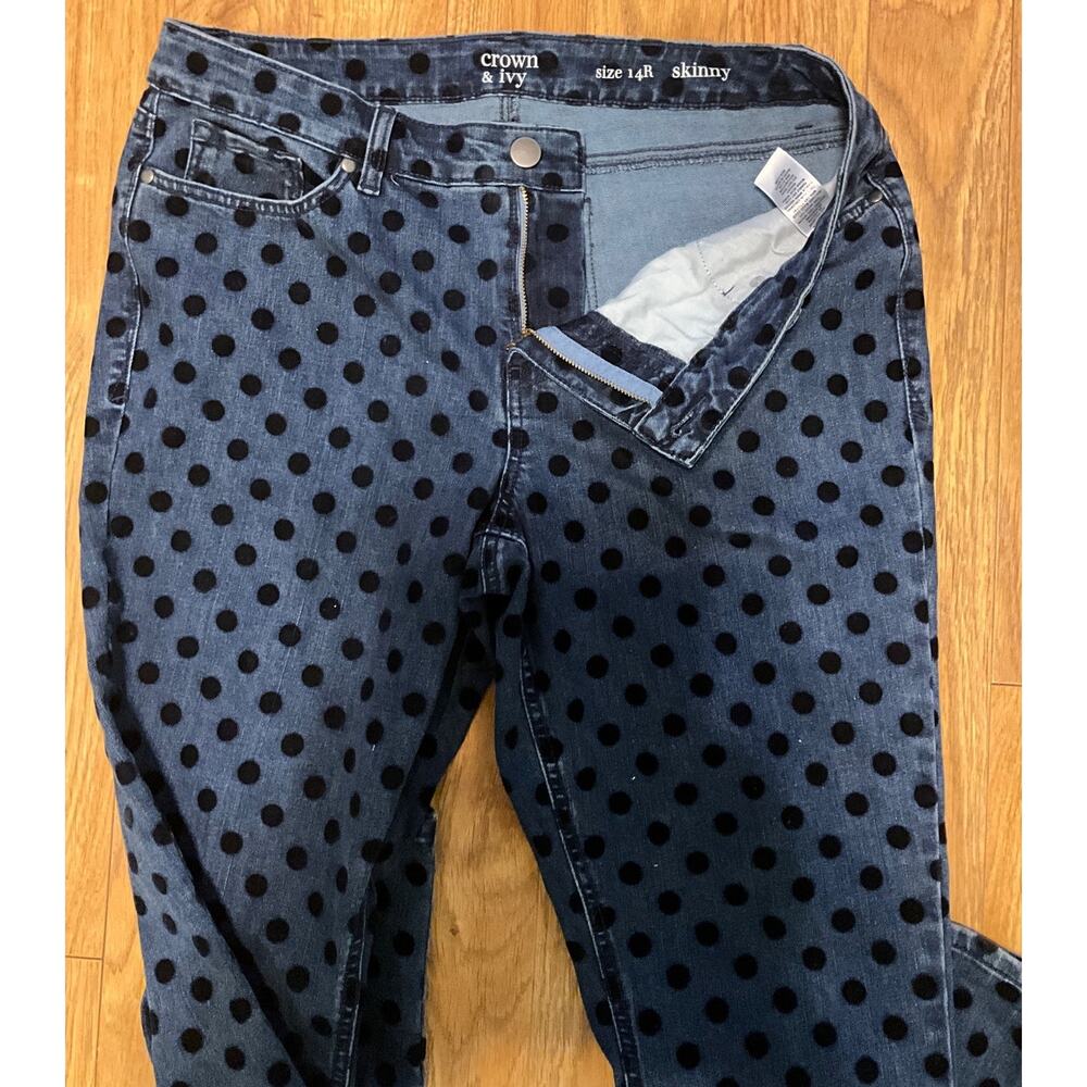 Women's Crown & Ivy Size 14R Skinny Denim Jeans with Black Velvet Raised Circles - Picture 3 of 10